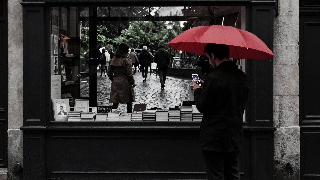 A man stands outside a Paris bookshop, looking at his phone, as a woman walks away into the rainy Montmartre streets.