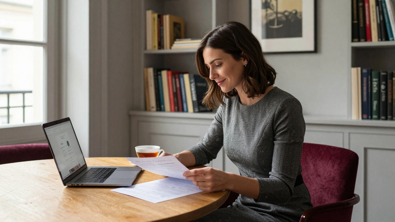 A professional woman reviews a travel itinerary with a client in a cozy Parisian apartment filled with books and warm light.