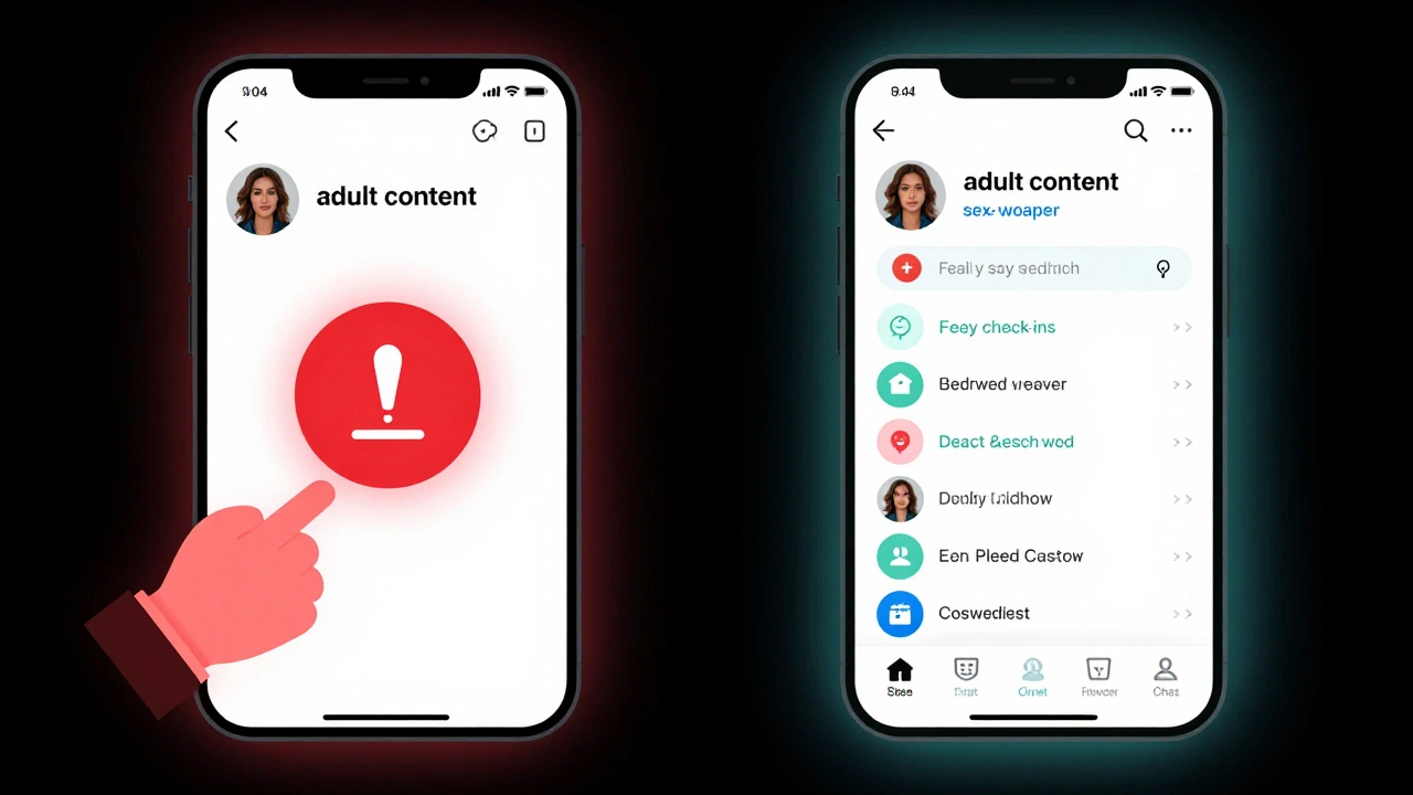 A split-screen comparison: a mainstream app flags a user as adult content while a grassroots platform offers safety tools for sex workers.