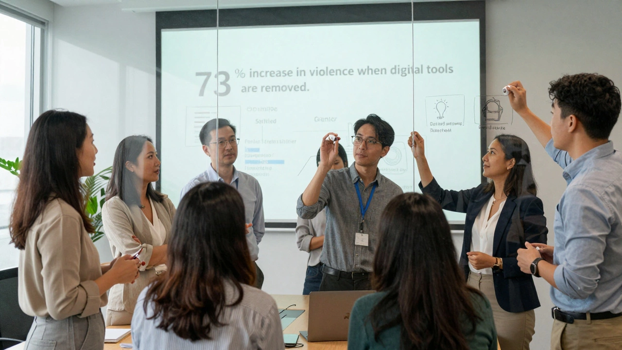 Tech developers and sex worker consultants collaborate to design inclusive safety features in a modern meeting room.